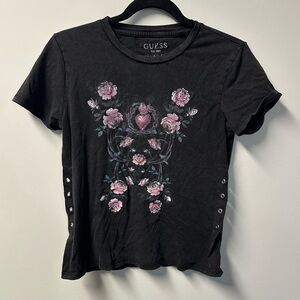 GUESS women's black pink floral rhinestone graphic eyelet tee, XS.